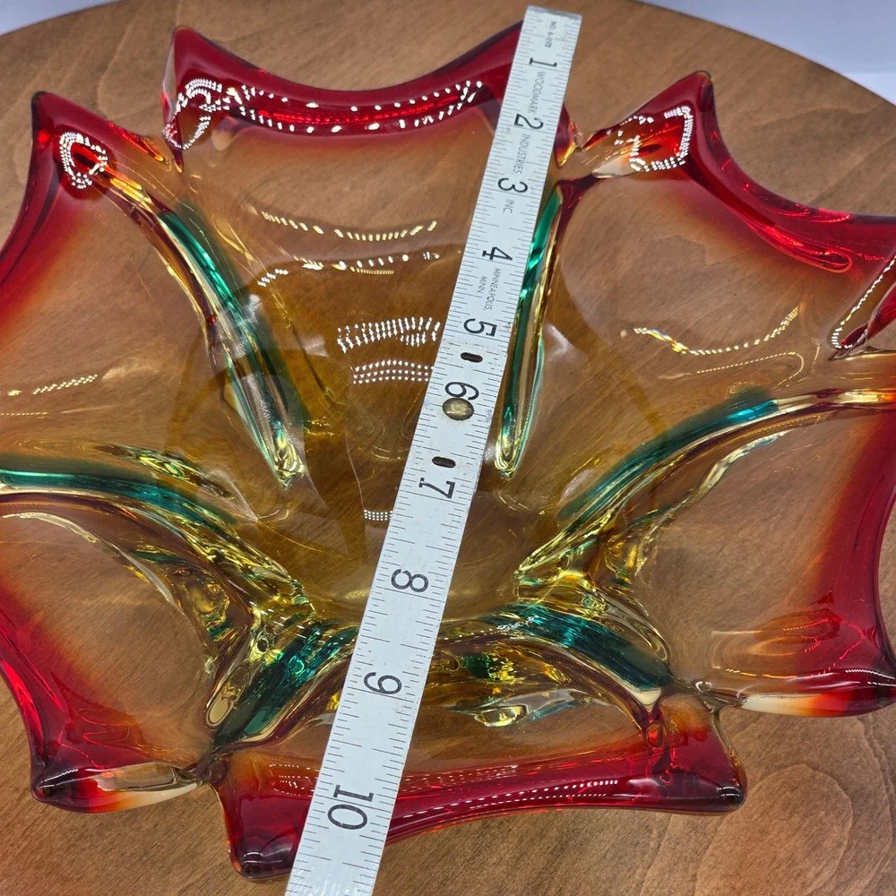 MCM 60s Murano Hand-Blown‎ Glass Bowl Red Amber Teal Sommerso Starburst 10 inch